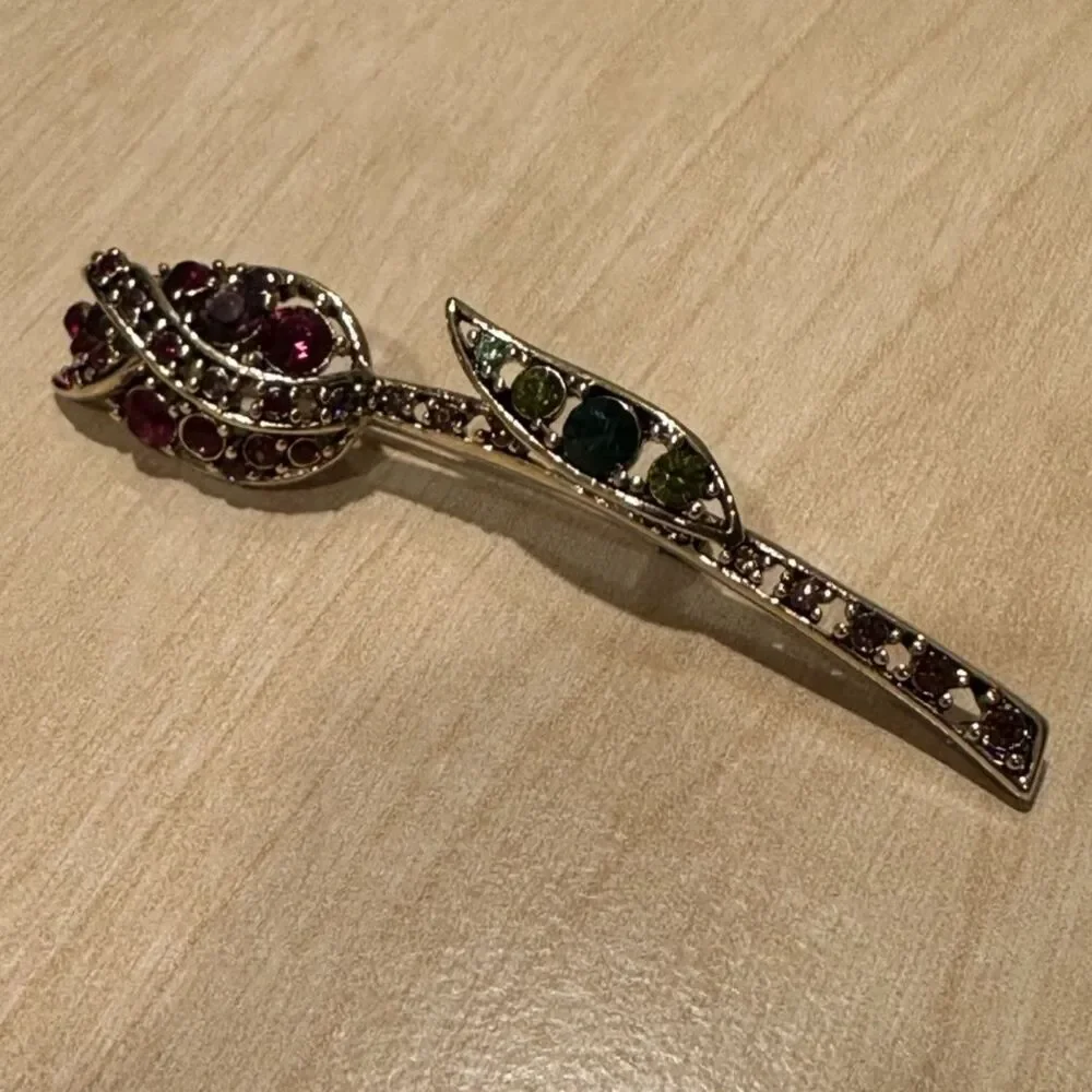 Vintage Rhinestone Tulip Brooch Pin Gold Tone Magenta & Green Crystal Floral